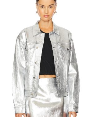 RTA Odelia Oversized Denim Jacket in Metallic Silver. Size M, S.