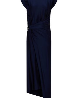 Rabanne - Asymmetrical Wrap-Detailed Stretch-Satin Midi Dress - Navy - FR 44 - Only At Moda Operandi