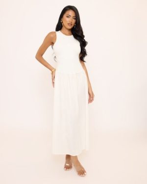 Racer Neck Smock Midi Dress In White, Women's Size UK 6