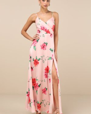 Radiant Occasion Light Pink Floral Satin A-Line Maxi Dress