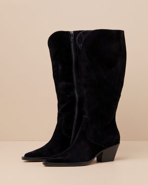 Raj Wide Calf Onyx Suede Leather Pointed-Toe Knee-High Boots