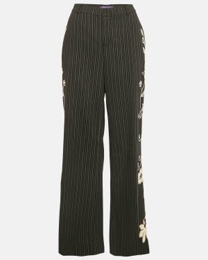 Ralph Lauren Black Embroidered Stripe Wool Wide-Leg Trousers M