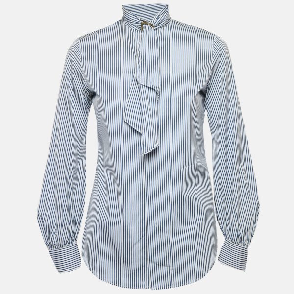 Ralph Lauren Blue Stripe Cotton Neck Detail Button Front Blouse S