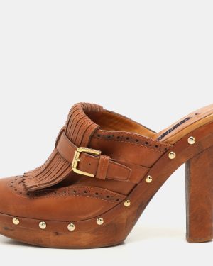 Ralph Lauren Brown Leather Fringe Detail Platform Clogs Size 37