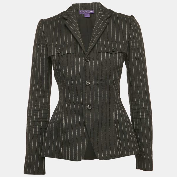 Ralph Lauren Collection Black Stripe Linen and Wool Single Breasted Blazer S