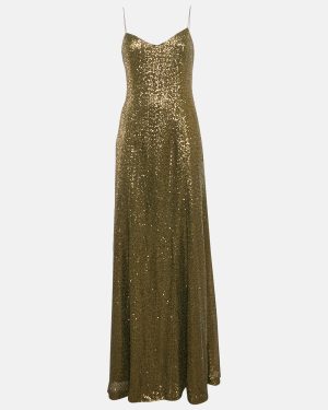 Ralph Lauren Evening Olive Green Sequin Mesh Maxi Dress XL