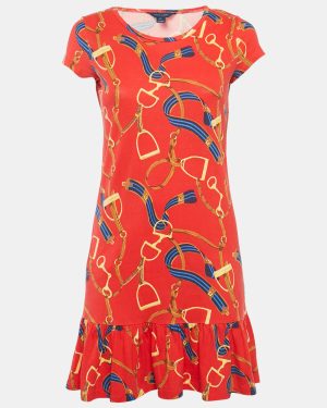 Ralph Lauren Red Printed Cotton Knit Ruffle Hem Mini Dress XL