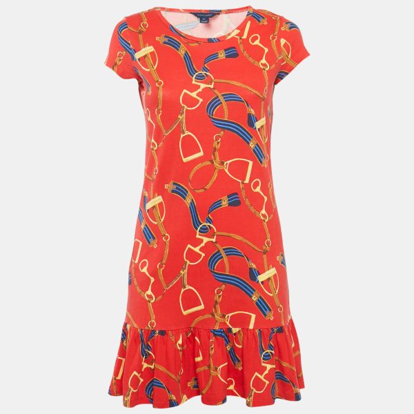 Ralph Lauren Red Printed Cotton Knit Ruffle Hem Mini Dress XL