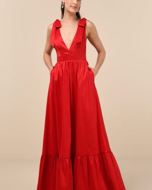 Rare Charm Red Taffeta Tie-Strap Maxi Dress With Pockets