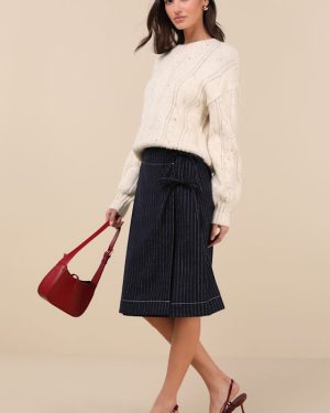 Rasmina Dark Blue Pinstripe Wool-Blend Faux-Wrap Midi Skirt
