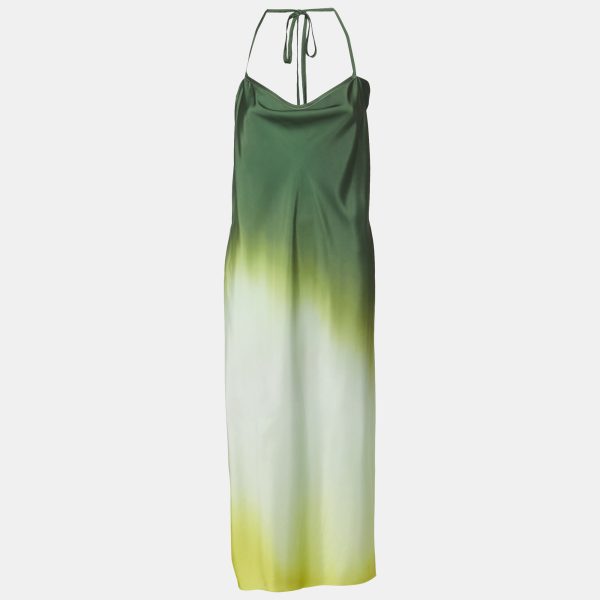 Rat & Bao Ombre Green/Multicolor Satin Halter Neck Long Dress XS