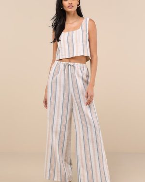 Raylon White Multi Striped Wide-Leg Pants