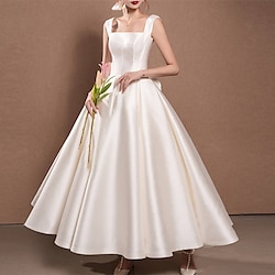 Reception Simple Wedding Dresses Wedding Dresses A-Line Off Shoulder Cap Sleeve Tea Length Satin Bridal Gowns With Pleats Ruched dress to impress Fall Wedding 2025