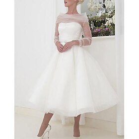 Reception Vintage 1940s / 1950s Little White Dress Bridal Shower Dresses Wedding Dresses A-Line Off Shoulder Long Sleeve Tea Length Tulle Bridal Gowns With Ple
