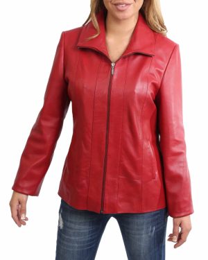 (Red, 22) Womens Classic Semi Fitted Biker Real Leather Jacket Nicole Red
