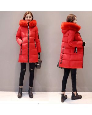 (Red, 2XL) Winter Women Warm Long Jacket Fur Hooded Parka Ladies Collar Outwear Coat