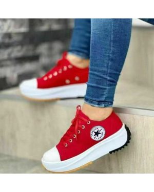 (Red, 38) Canvas Shoes Women Sneaker Platform Casual Breathable Sport Design Fashion