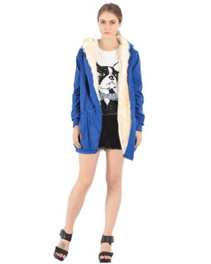 (Red Blue, M) Women Hooded Coat Jacket Faux Fur Lining Collar Zip Drawstring Waist Pockets Long Thicken Parka Outwear