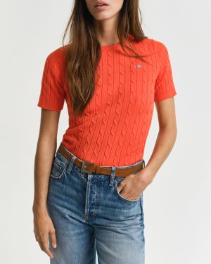 Red Cable Short Sleeve Knit Top