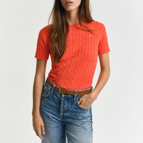 Red Cable Short Sleeve Knit Top
