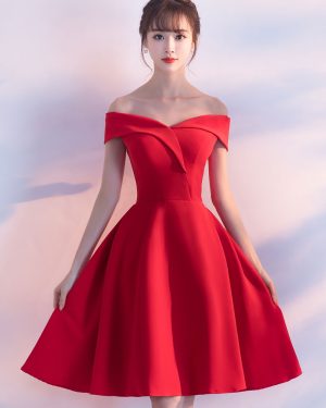 Red Cocktail Dresses Satin Off The Shoulder Short Homecoming Dress A Line Knee Length Party Dress wedding guest dress