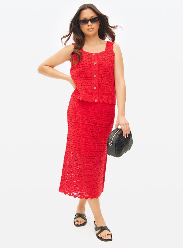 Red Crochet Co-ord Midi Skirt