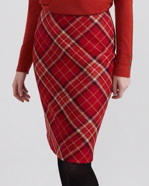 Red Daphne Check Wool Pencil Skirt