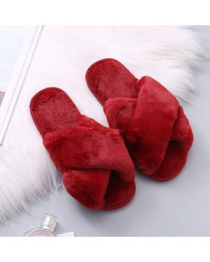 (Red, EU38) Ladies Fur Fluffy Slippers Sliders Women Cross Over Open Toe Mules Shoes