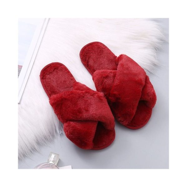 (Red, EU38) Ladies Fur Fluffy Slippers Sliders Women Cross Over Open Toe Mules Shoes