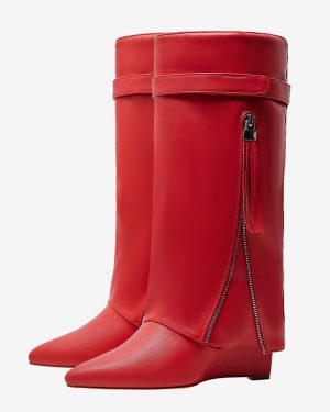 Red Knee High Boots Women's Pointed Toe Foldover Zip Up Wedge Heel Boots