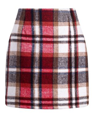 (Red , L) High Waisted Plaid Thick Woolen Mini Skirts