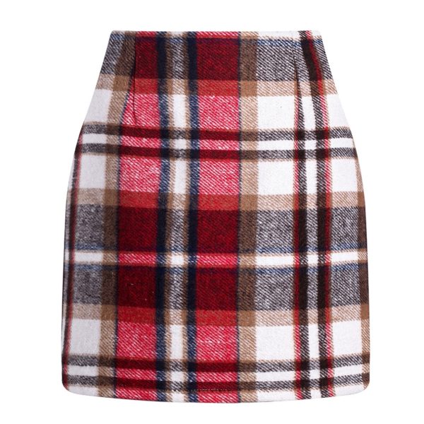 (Red , L) High Waisted Plaid Thick Woolen Mini Skirts