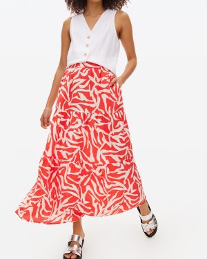 Red Leaf Printed Tiered Midaxi Skirt