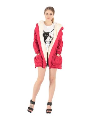 (Red, M) Women Hooded Coat Jacket Faux Fur Lining Collar Zip Drawstring Waist Pockets Long Thicken Parka Outwear