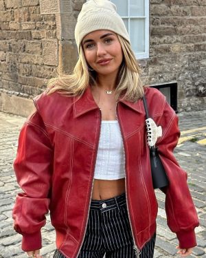 Red PU Leather Jacket Collared Long Sleeves Zipper Daily Casual Jackets