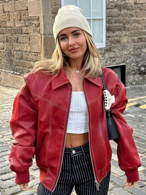 Red PU Leather Jacket Collared Long Sleeves Zipper Daily Casual Jackets