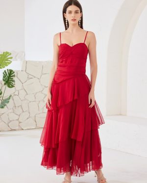 Red Party Dress With Tiered Skirt Spaghetti Straps Elegant Maxi Dress For Women 2025