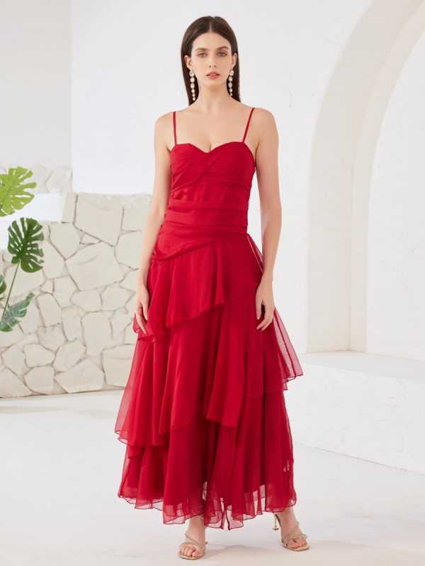 Red Party Dress With Tiered Skirt Spaghetti Straps Elegant Maxi Dress For Women 2025