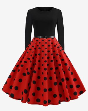Red Polka Dot Vintage Dress 1950S Long Sleeves Round Neck Rockabilly Dresses Swing Retro Dress