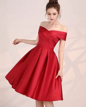 Red Prom Dress 2025 Satin Off Shoulder Knee Length Formal Party Cocktail Dresses