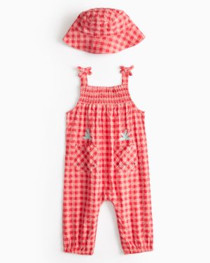 Red Red Pink Gingham Sleeveless Romper & Bucket Hat (6-9 Months) - Tu by Sainsbury's