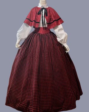 Red Retro Tudor Dress Costumes Women's Plaid Ruffles Polyester Marie Antoinette Costume Tunic Dress Cloak Retro Party Prom Dress