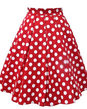 Red Skirt Women Vintage Pleated Polka Dot Skirt A-line Printed Mid Skirts