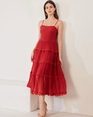 Red Slip Dress Birthday Party Layered Midi Dress For Women 2025