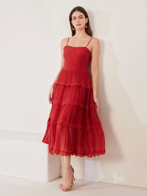 Red Slip Dress Birthday Party Layered Midi Dress For Women 2025