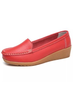 (Red, UK Size 5.5=Tag Size 40) Womens Wedges Loafer Non-Slip Loafers Ladies Slip On Work Soft Wedge Boat Shoe