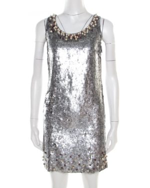 Red Valentino Silver Sequined Pearl Embellished Sleeveless Mini Shift Dress S