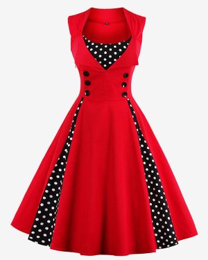 Red Vintage Dress Polka Dot Square Neck Sleeveless Slim Fit Circle Pleated Skater Dress For Women