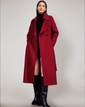 Red Wool Cashmere Blend Coat For Woman Burgundy Double-breasted Double-Faced Winter Outerwear 2025
