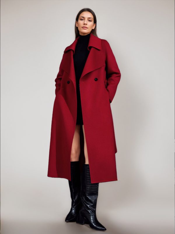 Red Wool Cashmere Blend Coat For Woman Burgundy Double-breasted Double-Faced Winter Outerwear 2025